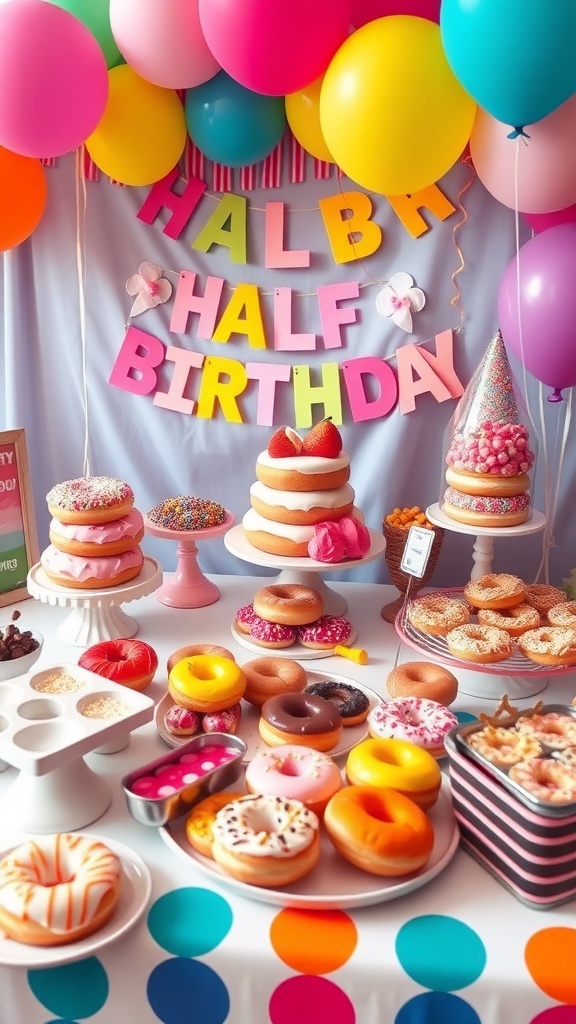 A festive half-birthday celebration with a donut bar and colorful decorations.